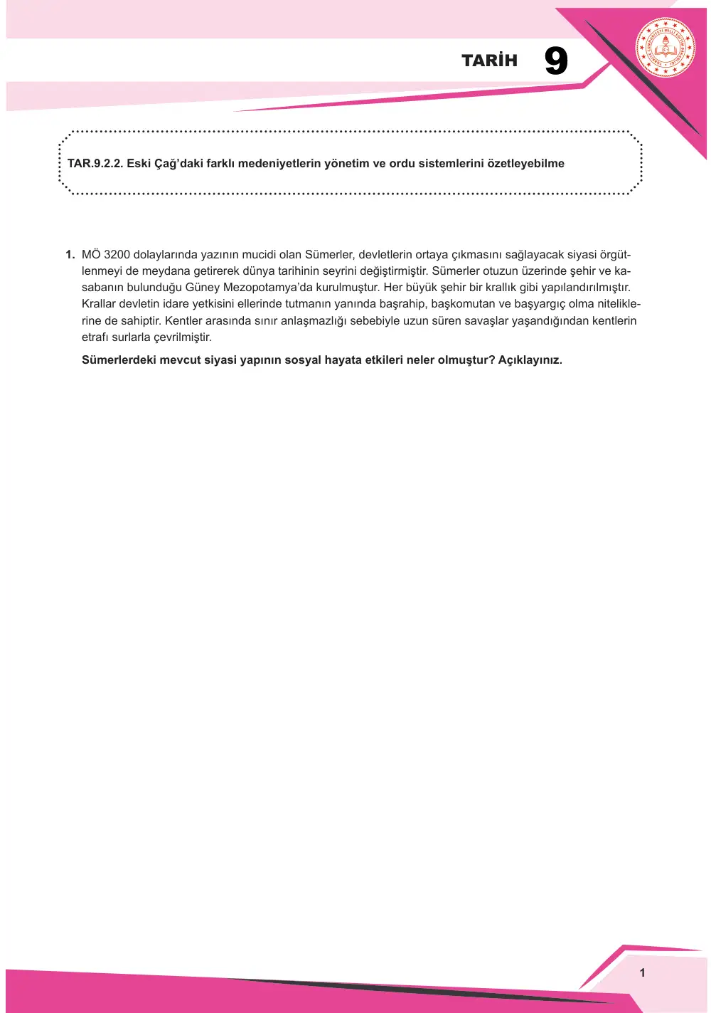 9. Sınıf Tarih Çalışma Kâğıdı: TAR.9.2.2 Eski Çağ'daki farklı medeniyetlerin yönetim ve ordu sistemlerini özetleyebilme