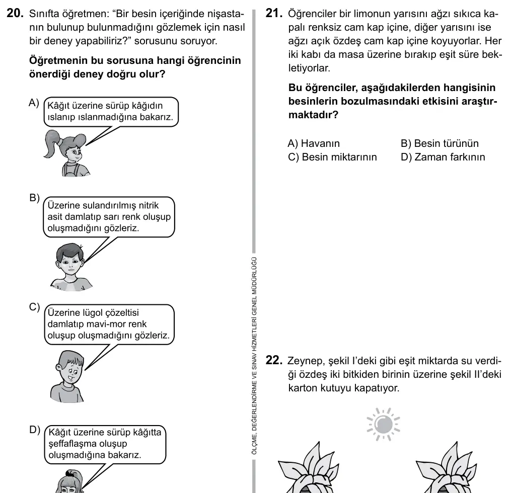 5. Sınıf Fen Bilimleri 2015 İOKBS Bursluluk Sınavı 20. Soru görseli