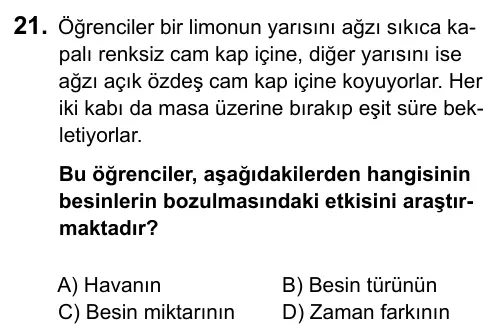 5. Sınıf Fen Bilimleri 2015 İOKBS Bursluluk Sınavı 21. Soru görseli