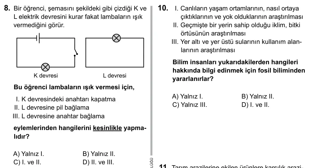 5. Sınıf Fen Bilimleri 2015 İOKBS Bursluluk Sınavı 8. Soru görseli