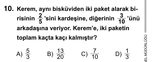5. Sınıf Matematik 2015 İOKBS Bursluluk Sınavı 10. Soru görseli
