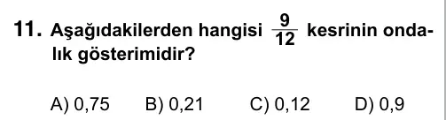5. Sınıf Matematik 2015 İOKBS Bursluluk Sınavı 11. Soru görseli