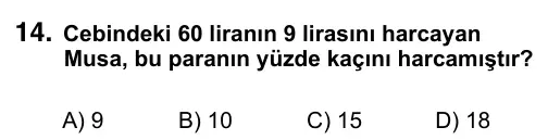 5. Sınıf Matematik 2015 İOKBS Bursluluk Sınavı 14. Soru görseli