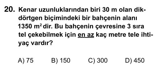 5. Sınıf Matematik 2015 İOKBS Bursluluk Sınavı 20. Soru görseli