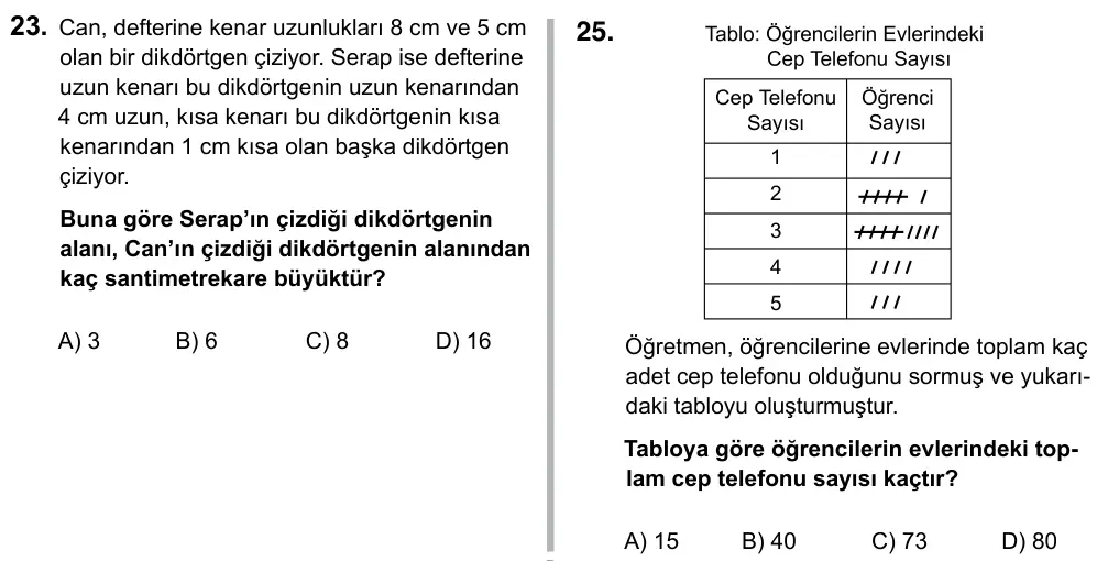 5. Sınıf Matematik 2015 İOKBS Bursluluk Sınavı 25. Soru görseli