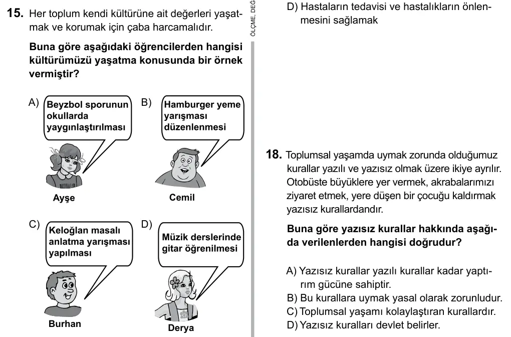 5. Sınıf Sosyal Bilgiler 2015 İOKBS Bursluluk Sınavı 15. Soru görseli