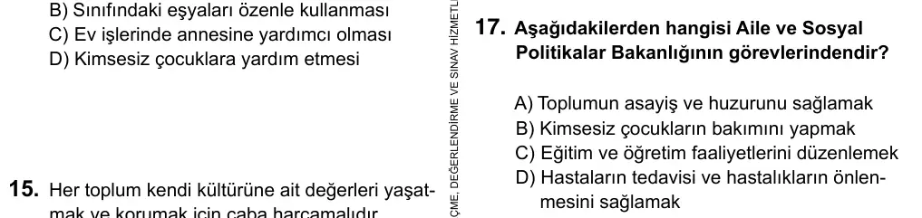 5. Sınıf Sosyal Bilgiler 2015 İOKBS Bursluluk Sınavı 17. Soru görseli