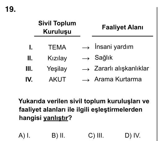 5. Sınıf Sosyal Bilgiler 2015 İOKBS Bursluluk Sınavı 19. Soru görseli