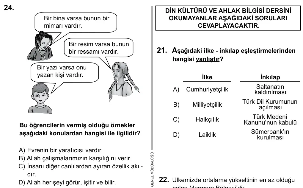 5. Sınıf Sosyal Bilgiler 2015 İOKBS Bursluluk Sınavı 24. Soru görseli