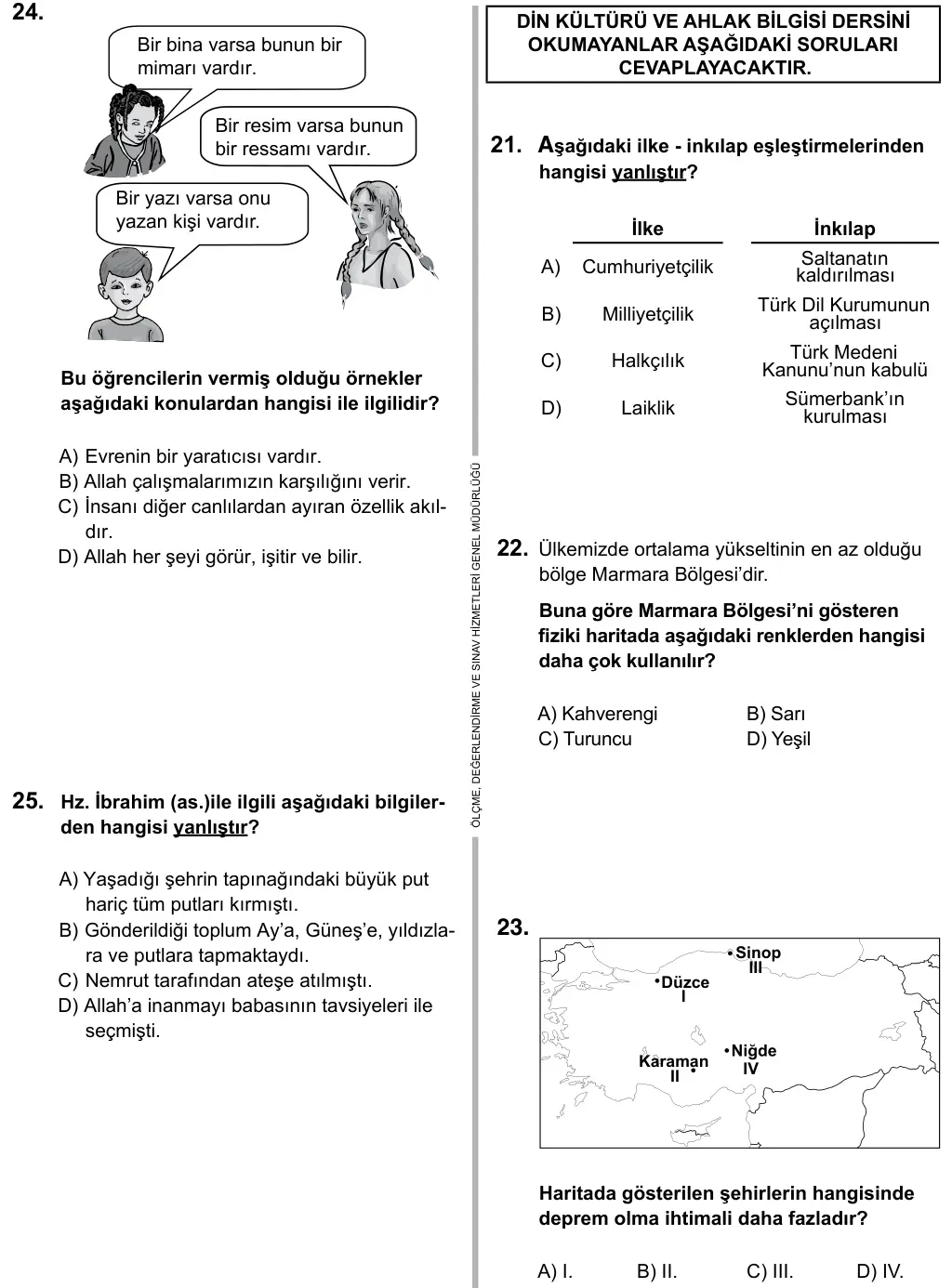 5. Sınıf Sosyal Bilgiler 2015 İOKBS Bursluluk Sınavı 25. Soru görseli (1/3)