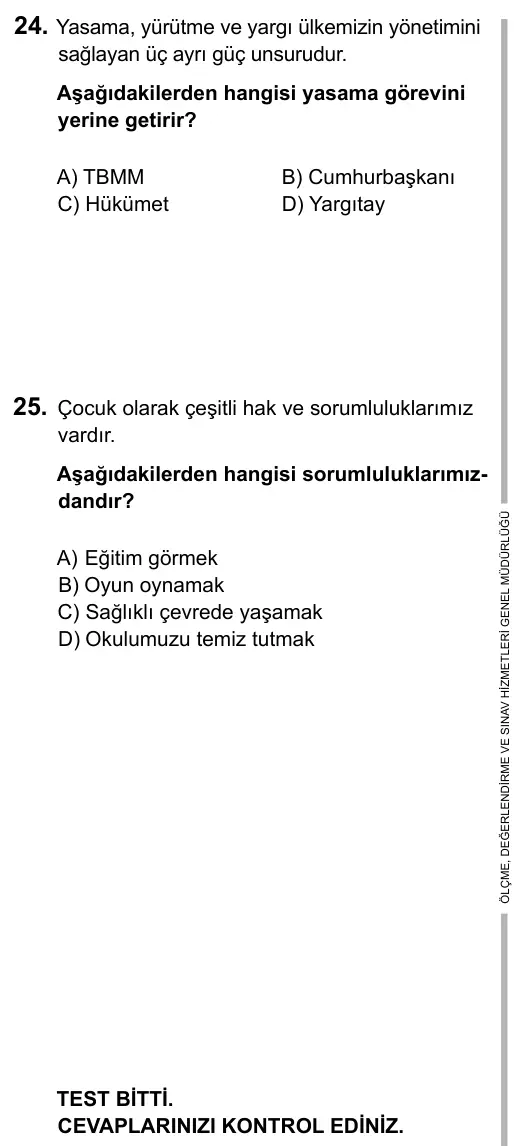 5. Sınıf Sosyal Bilgiler 2015 İOKBS Bursluluk Sınavı 25. Soru görseli (2/3)