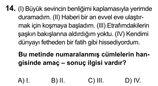 5. Sınıf Türkçe 2015 İOKBS Bursluluk Sınavı 14. Soru görseli
