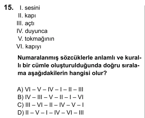5. Sınıf Türkçe 2015 İOKBS Bursluluk Sınavı 15. Soru görseli