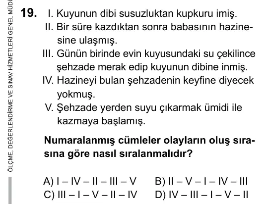 5. Sınıf Türkçe 2015 İOKBS Bursluluk Sınavı 19. Soru görseli