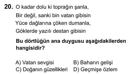 5. Sınıf Türkçe 2015 İOKBS Bursluluk Sınavı 20. Soru görseli