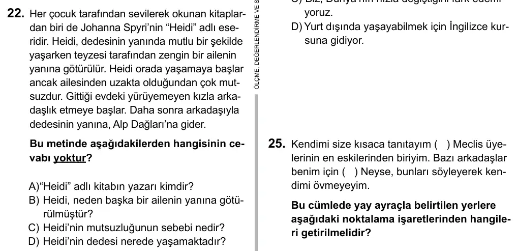 5. Sınıf Türkçe 2015 İOKBS Bursluluk Sınavı 22. Soru görseli