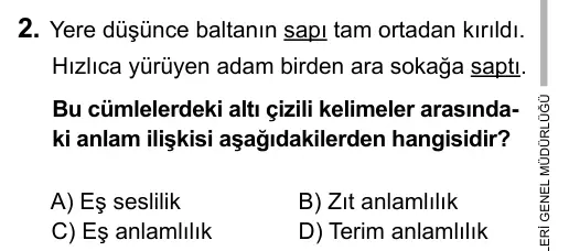 5. Sınıf Türkçe 2015 İOKBS Bursluluk Sınavı 2. Soru görseli