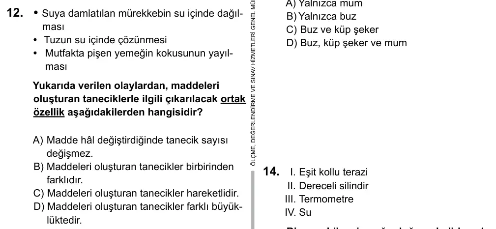 6. Sınıf Fen Bilimleri 2015 İOKBS Bursluluk Sınavı 12. Soru görseli
