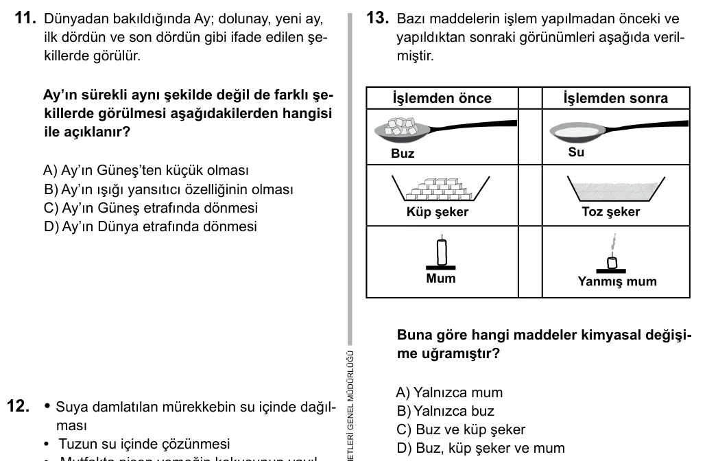 6. Sınıf Fen Bilimleri 2015 İOKBS Bursluluk Sınavı 13. Soru görseli