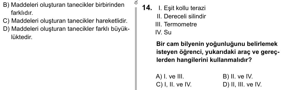 6. Sınıf Fen Bilimleri 2015 İOKBS Bursluluk Sınavı 14. Soru görseli