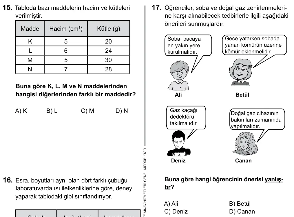 6. Sınıf Fen Bilimleri 2015 İOKBS Bursluluk Sınavı 17. Soru görseli
