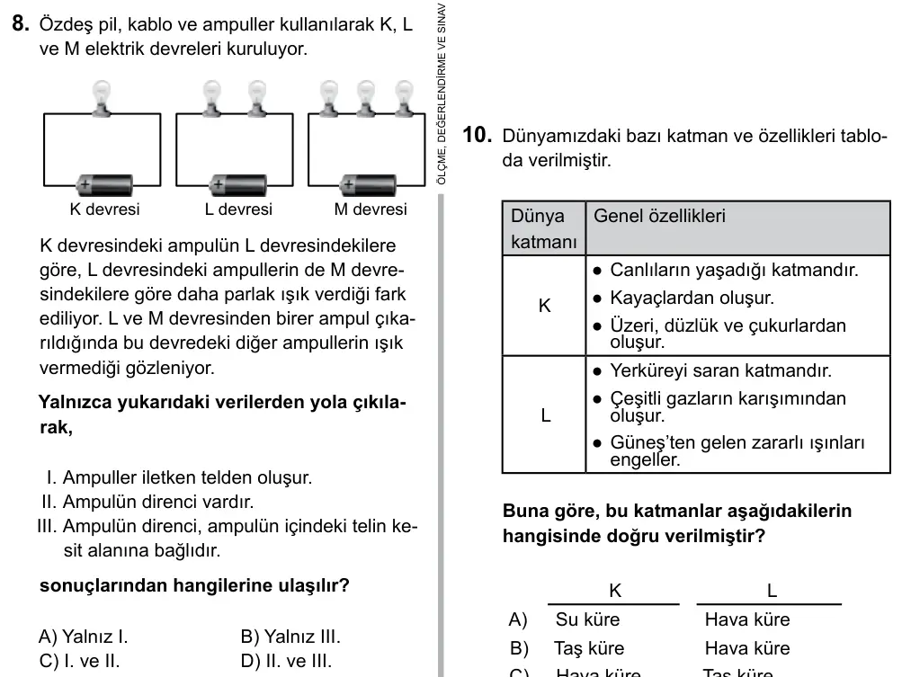 6. Sınıf Fen Bilimleri 2015 İOKBS Bursluluk Sınavı 8. Soru görseli