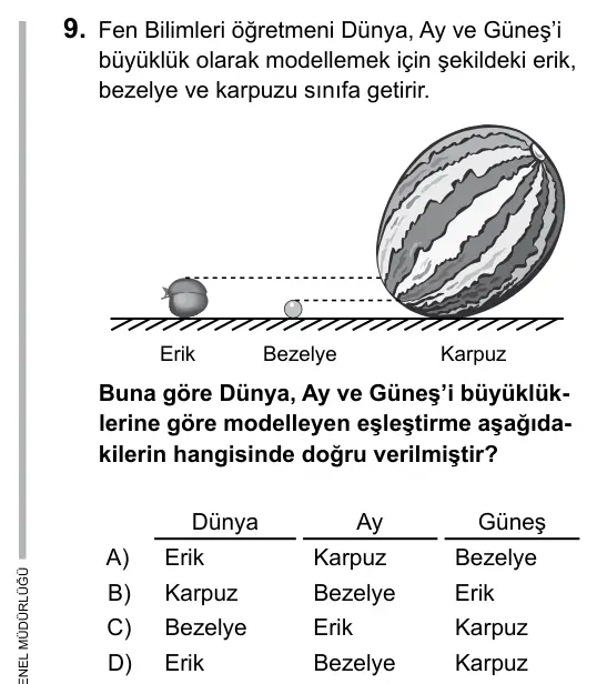 6. Sınıf Fen Bilimleri 2015 İOKBS Bursluluk Sınavı 9. Soru görseli