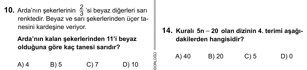 6. Sınıf Matematik 2015 İOKBS Bursluluk Sınavı 10. Soru görseli