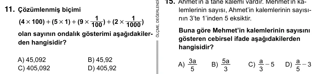 6. Sınıf Matematik 2015 İOKBS Bursluluk Sınavı 11. Soru görseli