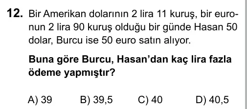 6. Sınıf Matematik 2015 İOKBS Bursluluk Sınavı 12. Soru görseli