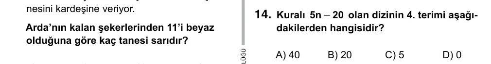 6. Sınıf Matematik 2015 İOKBS Bursluluk Sınavı 14. Soru görseli