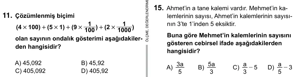 6. Sınıf Matematik 2015 İOKBS Bursluluk Sınavı 15. Soru görseli