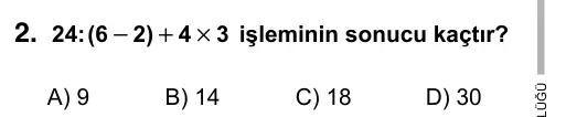 6. Sınıf Matematik 2015 İOKBS Bursluluk Sınavı 2. Soru görseli