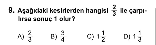 6. Sınıf Matematik 2015 İOKBS Bursluluk Sınavı 9. Soru görseli