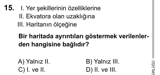 6. Sınıf Sosyal Bilgiler 2015 İOKBS Bursluluk Sınavı 15. Soru görseli
