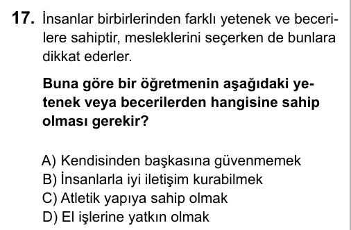 6. Sınıf Sosyal Bilgiler 2015 İOKBS Bursluluk Sınavı 17. Soru görseli