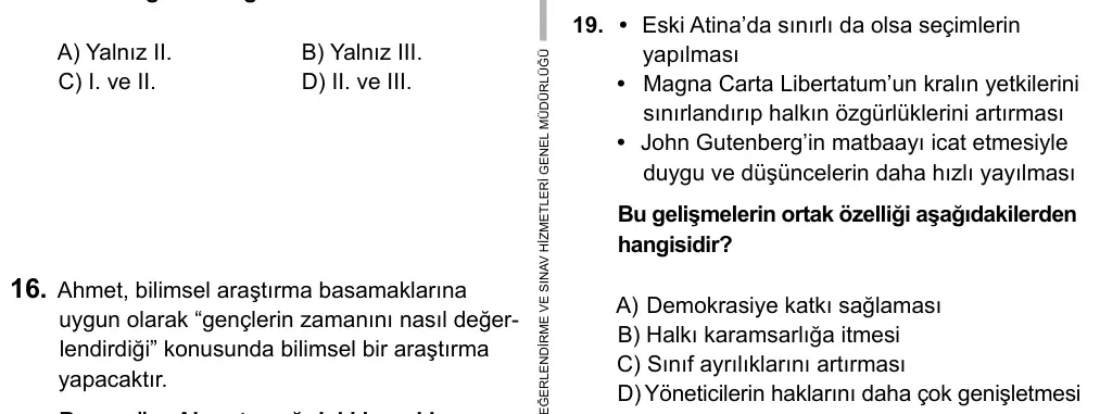 6. Sınıf Sosyal Bilgiler 2015 İOKBS Bursluluk Sınavı 19. Soru görseli