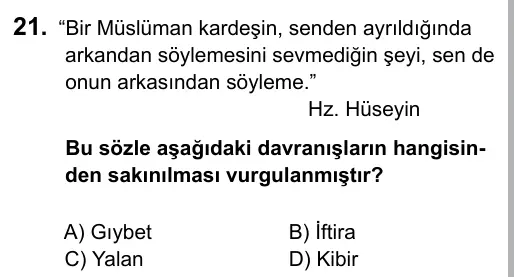 6. Sınıf Sosyal Bilgiler 2015 İOKBS Bursluluk Sınavı 21. Soru görseli