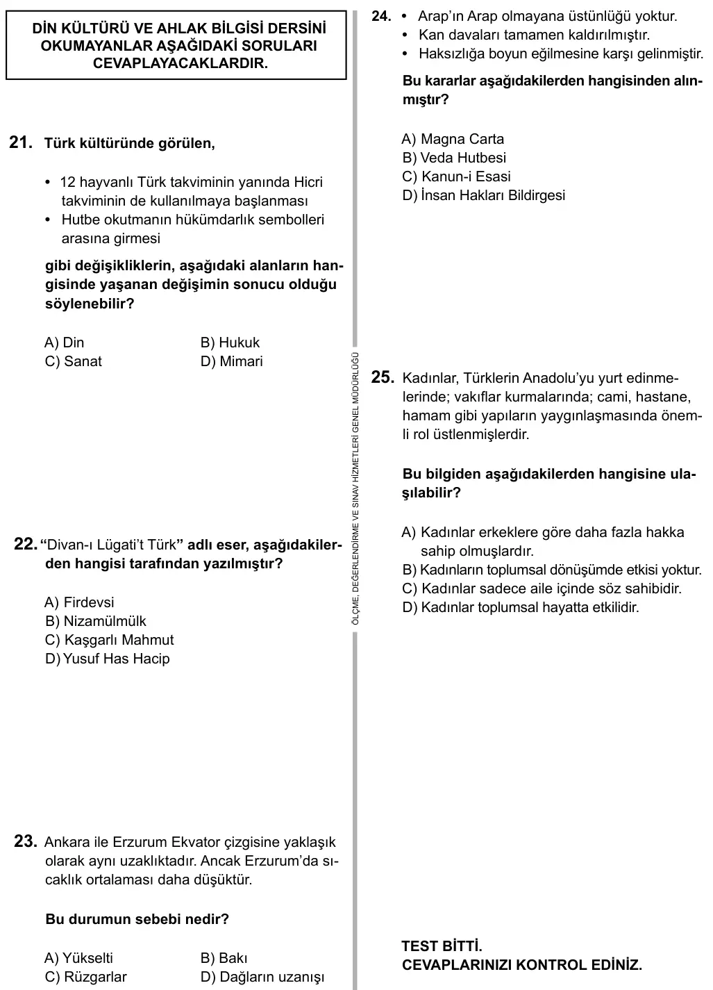 6. Sınıf Sosyal Bilgiler 2015 İOKBS Bursluluk Sınavı 25. Soru görseli (2/3)