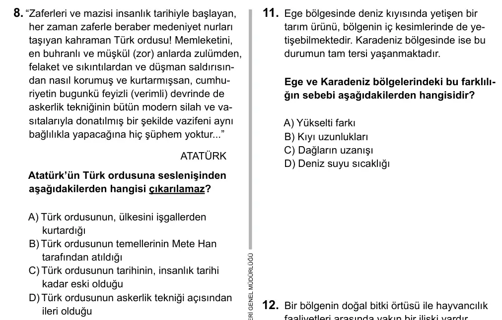 6. Sınıf Sosyal Bilgiler 2015 İOKBS Bursluluk Sınavı 8. Soru görseli