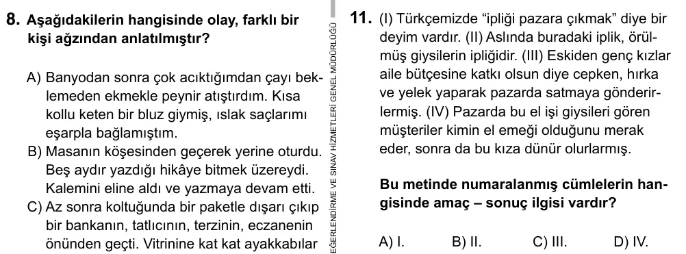 6. Sınıf Türkçe 2015 İOKBS Bursluluk Sınavı 11. Soru görseli