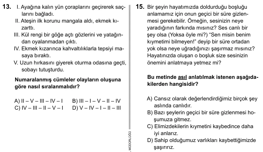 6. Sınıf Türkçe 2015 İOKBS Bursluluk Sınavı 15. Soru görseli