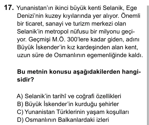 6. Sınıf Türkçe 2015 İOKBS Bursluluk Sınavı 17. Soru görseli