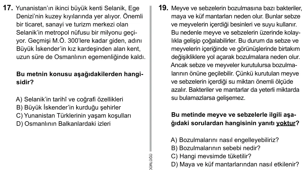 6. Sınıf Türkçe 2015 İOKBS Bursluluk Sınavı 19. Soru görseli