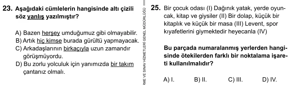 6. Sınıf Türkçe 2015 İOKBS Bursluluk Sınavı 25. Soru görseli