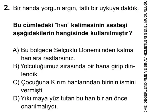 6. Sınıf Türkçe 2015 İOKBS Bursluluk Sınavı 2. Soru görseli