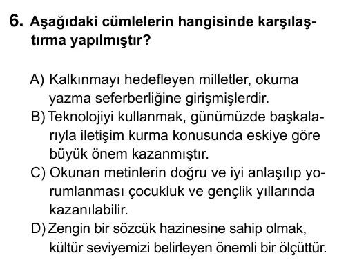 6. Sınıf Türkçe 2015 İOKBS Bursluluk Sınavı 6. Soru görseli