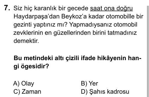 6. Sınıf Türkçe 2015 İOKBS Bursluluk Sınavı 7. Soru görseli