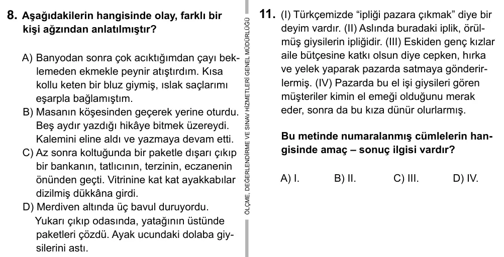 6. Sınıf Türkçe 2015 İOKBS Bursluluk Sınavı 8. Soru görseli
