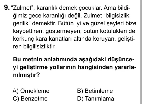 6. Sınıf Türkçe 2015 İOKBS Bursluluk Sınavı 9. Soru görseli